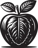 A black and white illustration of an apple with leaves vector