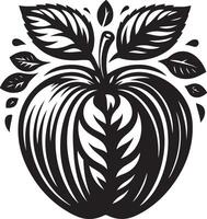 An apple with leaves and leaves is shown in a black and white drawing vector