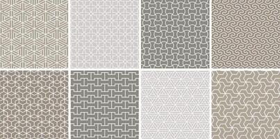 Collection of beige seamless ornamental patterns. Oriental symmetry neutral backgrounds. Geometric tile mosaic design. Grid textures - decorative outline prints vector