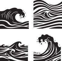 A clear detailed collection of four artistic ocean wave illustrations, each uniquely styled with dynamic curves and foamy crests. The artwork includes stylized depictions of crashing waves set vector