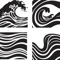 A detailed collection of four artistic ocean wave illustrations, each uniquely styled with dynamic curves and foamy crests. The artwork includes stylized depictions of crashing waves good set. vector
