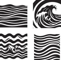 A detailed collection of four artistic ocean wave illustrations, each uniquely styled with dynamic curves and foamy crests. The artwork includes stylized waves set. vector
