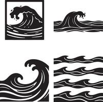 A very detailed collection of four artistic ocean wave illustrations, each uniquely styled with dynamic curves and foamy crests. The artwork includes stylized depictions of crashing waves, some set. vector