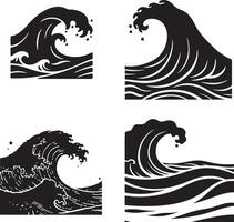A detailed collection of four artistic ocean wave illustrations, each uniquely styled with dynamic curves and foamy crests. The artwork includes stylized depictions of crashing waves classic set. vector