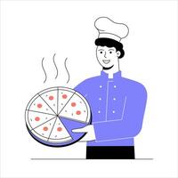 Pizza maker holding pizza in hand. Linear style illustration vector