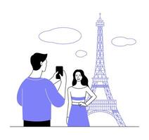 A guy takes a photo of a girl in front of the Eiffel Tower in Paris. Line illustration vector
