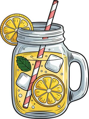 handle glass jar of yellow lemonade with straw ice and mint design