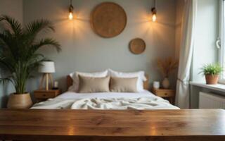 Polished walnut tabletop with strong background blur of a boho style bedroom, Ready for product presentation photo