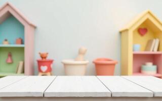 Empty white wooden table in front of a blurred kids playroom background with pastel colors, Perfect for toy or childrens product display photo