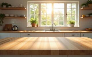 Empty butcher block kitchen island with blurred open shelving in the background, morning sunlight streaming through a large window, Ideal for natural product presentation photo