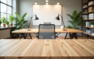 Minimal wooden surface in front of a bright open workspace with plants and books, Ready for creative or tech product showcase photo