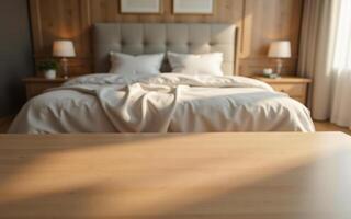 Empty smooth teak surface with a blurred dreamy bedroom scene in the background, Highlighting soft fabrics and warm shadows, Perfect for hotel and resort products display photo