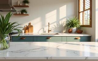 Empty marble top with blurred tropical kitchen decor in the background, Soft sunlight filtering through slatted windows, Perfect for eco friendly product display photo
