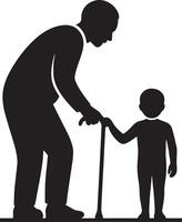 Silhouette Illustration Of Grandfather And Grandson Sharing A Cane Supporting Each Other vector