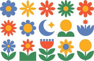 Colorful Retro Flower Pattern Illustration With Moon Star And Abstract Shapes vector