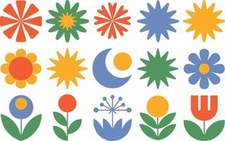 Flat Design Floral Set With Abstract Shapes In Retro Color Palette vector