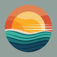 Abstract Sunset Over Ocean Waves in Circular Design vector