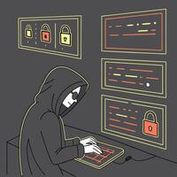 Cybersecurity Hacker Illustration Anonymous Figure Cracking Codes and Bypassing Security Systems vector