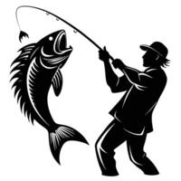 Silhouette of a Fisherman Landing a Large Fish vector
