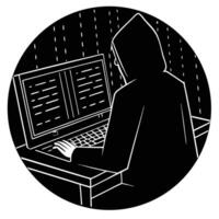 Hooded Figure Working on Computer at Night in the Rain vector