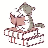 Adorable Gray Tabby Cat Reading a Book on a Stack of Books vector