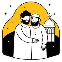 Two Muslim Men Embracing Near a Mosque at Night vector