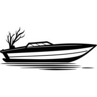 Black and White Illustration of a Speedboat with a Tree vector