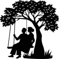 Silhouette of a Couple on a Swing Under a Tree vector