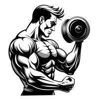 Muscular Man Performing Bicep Curl Exercise with Dumbbell vector