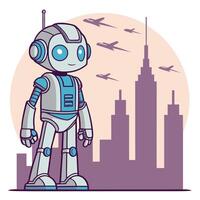 Friendly Robot in a Futuristic Cityscape with Airplanes vector