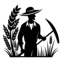 Silhouette of a Farmer with a Hoe in a Wheat Field vector