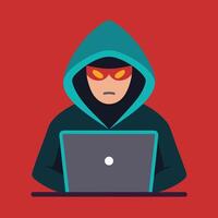 Mysterious Hooded Figure Using Laptop in Red Background vector
