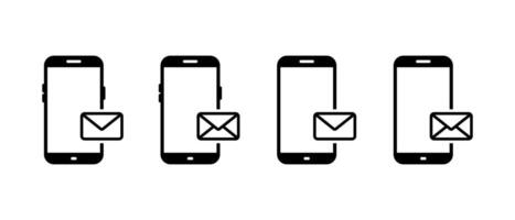 Mobile phone with envelope message icon set. Email on cellphone screen sign symbol vector