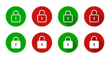 Lock and unlock icon set with long shadow. Security padlock sign. Safe, privacy protection symbol vector