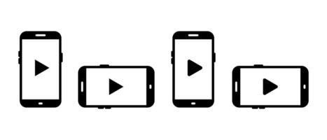 Play button on mobile phone screen icon set. Streaming on cellphone display sign symbol vector