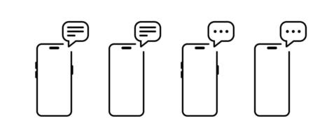 Message on smartphone device icon set. Speech bubble with mobile phone sign symbol vector