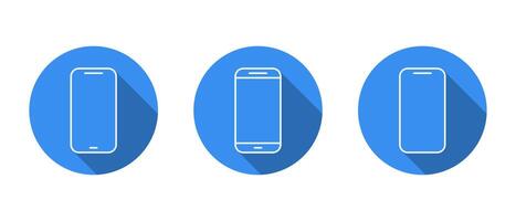 Smartphone device outline icon set with long shadow. Mobile phone, cellphone sign symbol vector