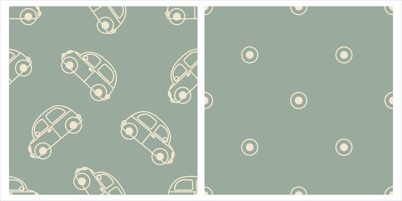 Retro car and wheel seamless patterns on green background