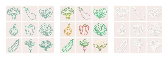 Set of vegetable icons in three outline styles on beige background vector