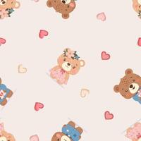 Seamless pattern with small teddy bears and hearts on beige background vector