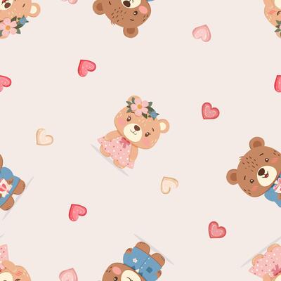 Seamless pattern with small teddy bears and hearts on beige background