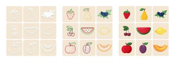 Fruit icon set with outline, color fill and shadow on beige background vector