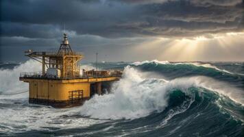 large wave energy converter is floating on turbulent waters, surrounded by dramatic clouds and sunlight breaking through. scene captures power of nature and human innovation photo