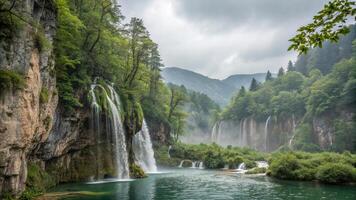 serene landscape featuring majestic waterfalls cascading into tranquil river, surrounded by lush green trees and misty mountains, creating peaceful atmosphere photo