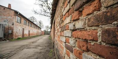 rustic brick wall with uneven surface, showcasing worn textures and colors, lines quiet alleyway. scene evokes sense of history and charm photo