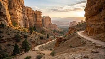 asombroso cañón paisaje presentando imponente rock formaciones y devanado suciedad camino, iluminado por calentar resplandor de puesta de sol. escena evoca sentido de aventuras y tranquilidad foto