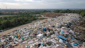 Aerial view of landfill overflowing with plastic waste, showcasing environmental issues and pollution. scene highlights urgent need for waste management solutions photo