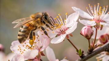 close up of bee pollinating delicate pink flowers, showcasing nature beauty and important role of bees in ecosystem. vibrant colors and intricate details highlight harmony of life photo