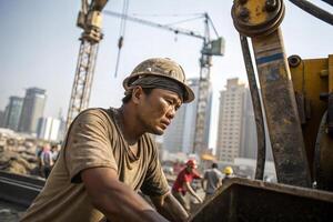 worker at construction site, focused on his task, with sweat on his brow, surrounded by cranes and buildings in background photo