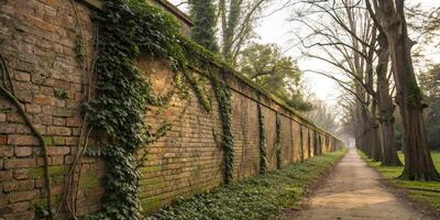long aged brick wall covered in creeping ivy, surrounded by trees and pathway, creates serene and tranquil atmosphere. lush greenery contrasts beautifully with rustic texture of wall photo